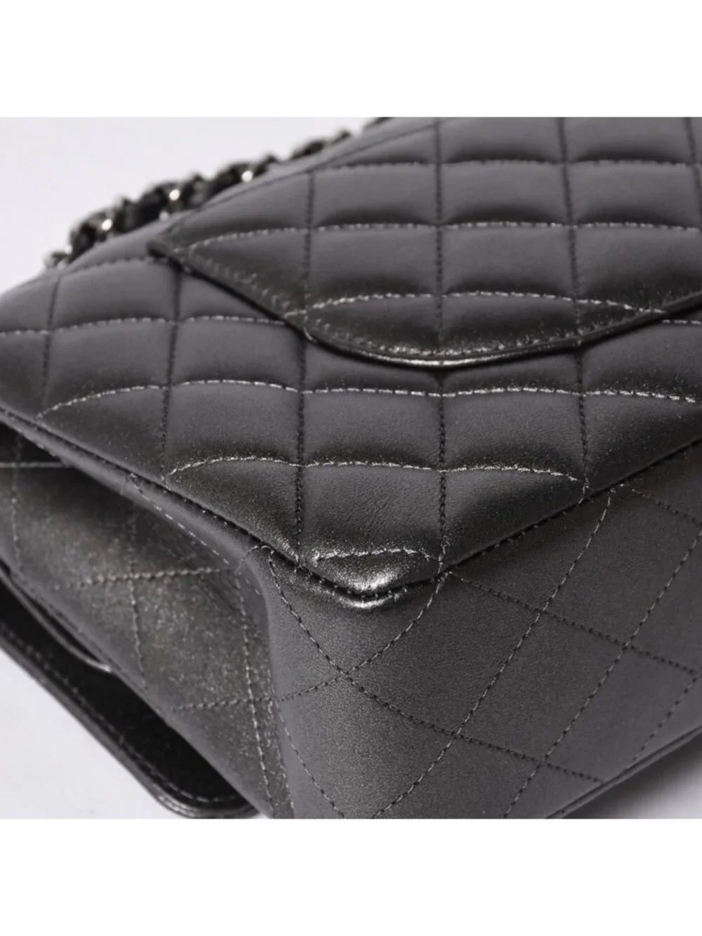 Chanel Quilted 25 Double Flap Chain Shoulder Bag Shine Gray Lambskin Silver